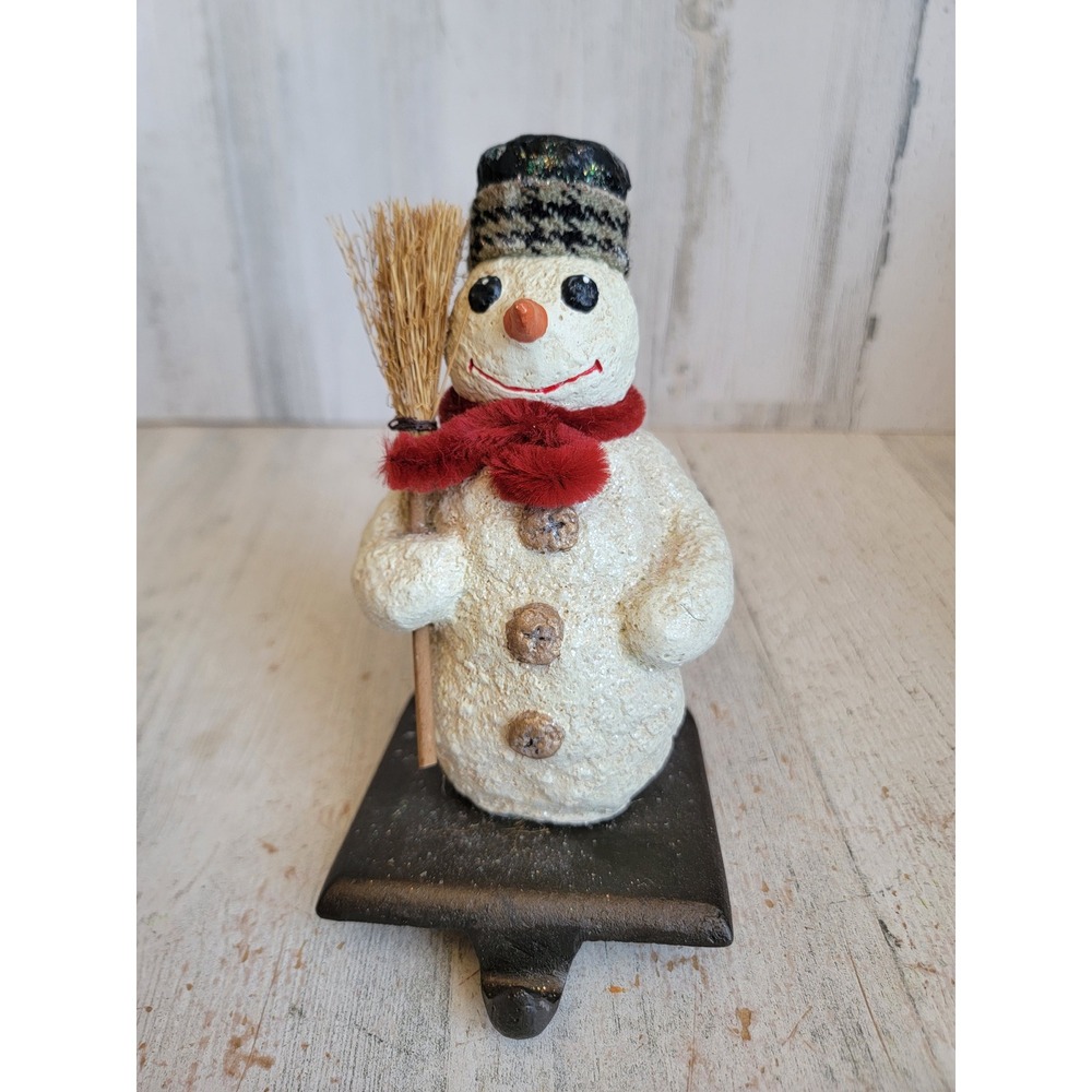 Vintage snowman broom stocking holder xmas smile scarf unique home